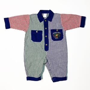 Vintage Moose Lodge Patch Gingham & Corduroy Long Sleeve Baby Romper, 3-6 Months
